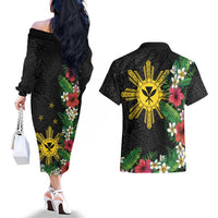 Tropical Hawaii and Philippines Couples Matching Off The Shoulder Long Sleeve Dress and Hawaiian Shirt Kanaka Maoli and Sun Badge Batok Tattoo Colorful