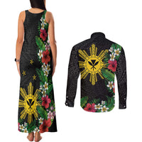 Tropical Hawaii and Philippines Couples Matching Tank Maxi Dress and Long Sleeve Button Shirt Kanaka Maoli and Sun Badge Batok Tattoo Colorful