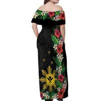 Tropical Hawaii and Philippines Off Shoulder Maxi Dress Kanaka Maoli and Sun Badge Batok Tattoo Colorful