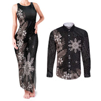 Tropical Hawaii and Philippines Couples Matching Tank Maxi Dress and Long Sleeve Button Shirt Kanaka Maoli and Sun Badge Batok Tattoo Grayscale