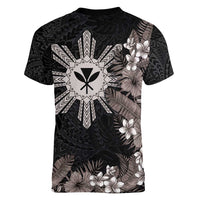 Tropical Hawaii and Philippines Women V-Neck T-Shirt Kanaka Maoli and Sun Badge Batok Tattoo Grayscale