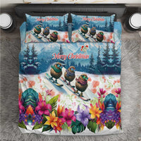 New Zealand Merry Christmas Bedding Set Kiwi Birds Snow Boarding-Vibrant Tropical Flower - Polynesian Pride