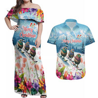 New Zealand Merry Christmas Couples Matching Off Shoulder Maxi Dress and Hawaiian Shirt Kiwi Birds Snow Boarding-Vibrant Tropical Flower - Polynesian Pride