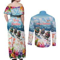 New Zealand Merry Christmas Couples Matching Off Shoulder Maxi Dress and Long Sleeve Button Shirt Kiwi Birds Snow Boarding-Vibrant Tropical Flower - Polynesian Pride