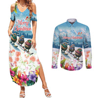 New Zealand Merry Christmas Couples Matching Summer Maxi Dress and Long Sleeve Button Shirt Kiwi Birds Snow Boarding-Vibrant Tropical Flower - Polynesian Pride