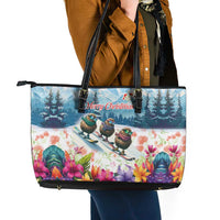New Zealand Merry Christmas Leather Tote Bag Kiwi Birds Snow Boarding-Vibrant Tropical Flower - Polynesian Pride