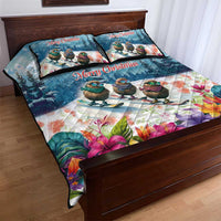 New Zealand Merry Christmas Quilt Bed Set Kiwi Birds Snow Boarding-Vibrant Tropical Flower - Polynesian Pride