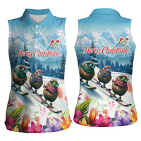 New Zealand Merry Christmas Women Sleeveless Polo Shirt Kiwi Birds Snow Boarding-Vibrant Tropical Flower - Polynesian Pride