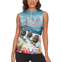 New Zealand Merry Christmas Women Sleeveless Polo Shirt Kiwi Birds Snow Boarding-Vibrant Tropical Flower - Polynesian Pride