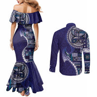 Samoan Siapo Art Tattoo Polynesian Pattern Couples Matching Mermaid Dress and Long Sleeve Button Shirt Navy Color LT03 - Polynesian Pride