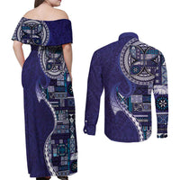 Samoan Siapo Art Tattoo Polynesian Pattern Couples Matching Off Shoulder Maxi Dress and Long Sleeve Button Shirt Navy Color LT03 - Polynesian Pride