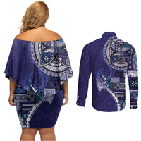Samoan Siapo Art Tattoo Polynesian Pattern Couples Matching Off Shoulder Short Dress and Long Sleeve Button Shirt Navy Color LT03 - Polynesian Pride