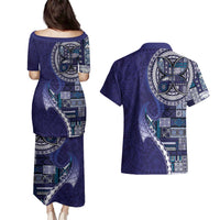 Samoan Siapo Art Tattoo Polynesian Pattern Couples Matching Puletasi and Hawaiian Shirt Navy Color LT03 - Polynesian Pride