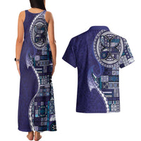 Samoan Siapo Art Tattoo Polynesian Pattern Couples Matching Tank Maxi Dress and Hawaiian Shirt Navy Color LT03 - Polynesian Pride