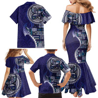 Samoan Siapo Art Tattoo Polynesian Pattern Family Matching Mermaid Dress and Hawaiian Shirt Navy Color - Polynesian Pride