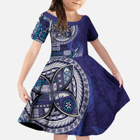 Samoan Siapo Art Tattoo Polynesian Pattern Family Matching Off The Shoulder Long Sleeve Dress and Hawaiian Shirt Navy Color - Polynesian Pride