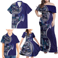 Samoan Siapo Art Tattoo Polynesian Pattern Family Matching Off Shoulder Maxi Dress and Hawaiian Shirt Navy Color - Polynesian Pride