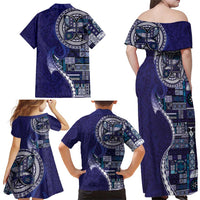 Samoan Siapo Art Tattoo Polynesian Pattern Family Matching Off Shoulder Maxi Dress and Hawaiian Shirt Navy Color - Polynesian Pride