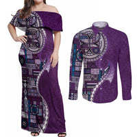 Samoan Siapo Art Tattoo Polynesian Pattern Couples Matching Off Shoulder Maxi Dress and Long Sleeve Button Shirt Purple Color LT03 Purple - Polynesian Pride