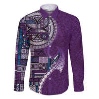 Samoan Siapo Art Tattoo Polynesian Pattern Family Matching Puletasi and Hawaiian Shirt Purple Color LT03 Dad's Shirt - Long Sleeve Purple - Polynesian Pride