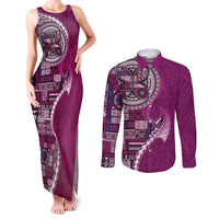 Samoan Siapo Art Tattoo Polynesian Pattern Couples Matching Tank Maxi Dress and Long Sleeve Button Shirt Pink Color LT03 Pink - Polynesian Pride