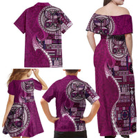 Samoan Siapo Art Tattoo Polynesian Pattern Family Matching Off Shoulder Maxi Dress and Hawaiian Shirt Pink Color - undefined