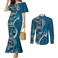 Samoan Siapo Art Tattoo Polynesian Pattern Couples Matching Mermaid Dress and Long Sleeve Button Shirt Teal Color LT03 Teal - Polynesian Pride