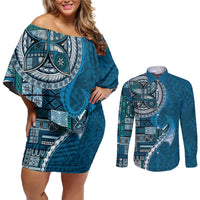 Samoan Siapo Art Tattoo Polynesian Pattern Couples Matching Off Shoulder Short Dress and Long Sleeve Button Shirt Teal Color LT03 Teal - Polynesian Pride