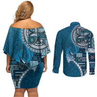 Samoan Siapo Art Tattoo Polynesian Pattern Couples Matching Off Shoulder Short Dress and Long Sleeve Button Shirt Teal Color LT03 - Polynesian Pride