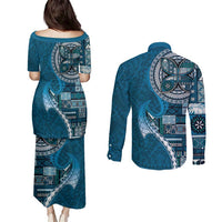 Samoan Siapo Art Tattoo Polynesian Pattern Couples Matching Puletasi and Long Sleeve Button Shirt Teal Color LT03 - Polynesian Pride