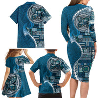 Samoan Siapo Art Tattoo Polynesian Pattern Family Matching Long Sleeve Bodycon Dress and Hawaiian Shirt Teal Color - Polynesian Pride