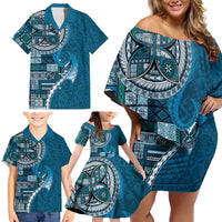 Samoan Siapo Art Tattoo Polynesian Pattern Family Matching Off Shoulder Short Dress and Hawaiian Shirt Teal Color - Polynesian Pride