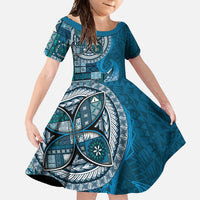 Samoan Siapo Art Tattoo Polynesian Pattern Family Matching Summer Maxi Dress and Hawaiian Shirt Teal Color LT03 Daughter's Dress Teal - Polynesian Pride