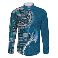 Samoan Siapo Art Tattoo Polynesian Pattern Family Matching Summer Maxi Dress and Hawaiian Shirt Teal Color LT03 Dad's Shirt - Long Sleeve Teal - Polynesian Pride