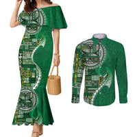 Samoan Siapo Art Tattoo Polynesian Pattern Couples Matching Mermaid Dress and Long Sleeve Button Shirt Green Color LT03 Green - Polynesian Pride