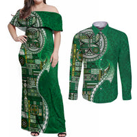 Samoan Siapo Art Tattoo Polynesian Pattern Couples Matching Off Shoulder Maxi Dress and Long Sleeve Button Shirt Green Color LT03 Green - Polynesian Pride