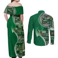 Samoan Siapo Art Tattoo Polynesian Pattern Couples Matching Off Shoulder Maxi Dress and Long Sleeve Button Shirt Green Color LT03 - Polynesian Pride