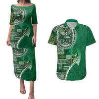 Samoan Siapo Art Tattoo Polynesian Pattern Couples Matching Puletasi and Hawaiian Shirt Green Color LT03 Green - Polynesian Pride