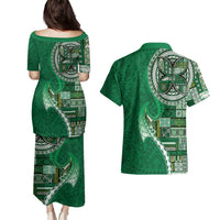 Samoan Siapo Art Tattoo Polynesian Pattern Couples Matching Puletasi and Hawaiian Shirt Green Color LT03 - Polynesian Pride
