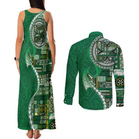 Samoan Siapo Art Tattoo Polynesian Pattern Couples Matching Tank Maxi Dress and Long Sleeve Button Shirt Green Color LT03 - Polynesian Pride