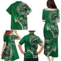 Samoan Siapo Art Tattoo Polynesian Pattern Family Matching Puletasi and Hawaiian Shirt Green Color - Polynesian Pride