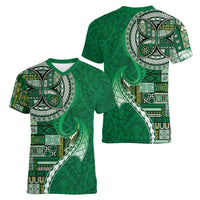 Samoan Siapo Art Tattoo Polynesian Pattern Women V-Neck T-Shirt Green Color - Polynesian Pride