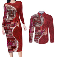 Samoan Siapo Art Tattoo Polynesian Pattern Couples Matching Long Sleeve Bodycon Dress and Long Sleeve Button Shirt Red Color LT03 Red - Polynesian Pride