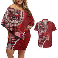 Samoan Siapo Art Tattoo Polynesian Pattern Couples Matching Off Shoulder Short Dress and Hawaiian Shirt Red Color LT03 Red - Polynesian Pride