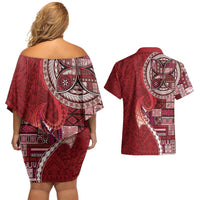 Samoan Siapo Art Tattoo Polynesian Pattern Couples Matching Off Shoulder Short Dress and Hawaiian Shirt Red Color LT03 - Polynesian Pride