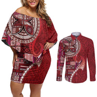 Samoan Siapo Art Tattoo Polynesian Pattern Couples Matching Off Shoulder Short Dress and Long Sleeve Button Shirt Red Color LT03 Red - Polynesian Pride