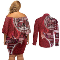 Samoan Siapo Art Tattoo Polynesian Pattern Couples Matching Off Shoulder Short Dress and Long Sleeve Button Shirt Red Color LT03 - Polynesian Pride