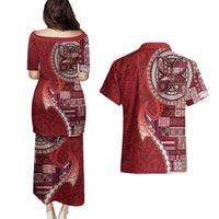 Samoan Siapo Art Tattoo Polynesian Pattern Couples Matching Puletasi and Hawaiian Shirt Red Color LT03 - Polynesian Pride