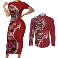 Samoan Siapo Art Tattoo Polynesian Pattern Couples Matching Short Sleeve Bodycon Dress and Long Sleeve Button Shirt Red Color LT03 Red - Polynesian Pride
