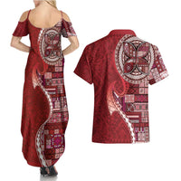 Samoan Siapo Art Tattoo Polynesian Pattern Couples Matching Summer Maxi Dress and Hawaiian Shirt Red Color LT03 - Polynesian Pride
